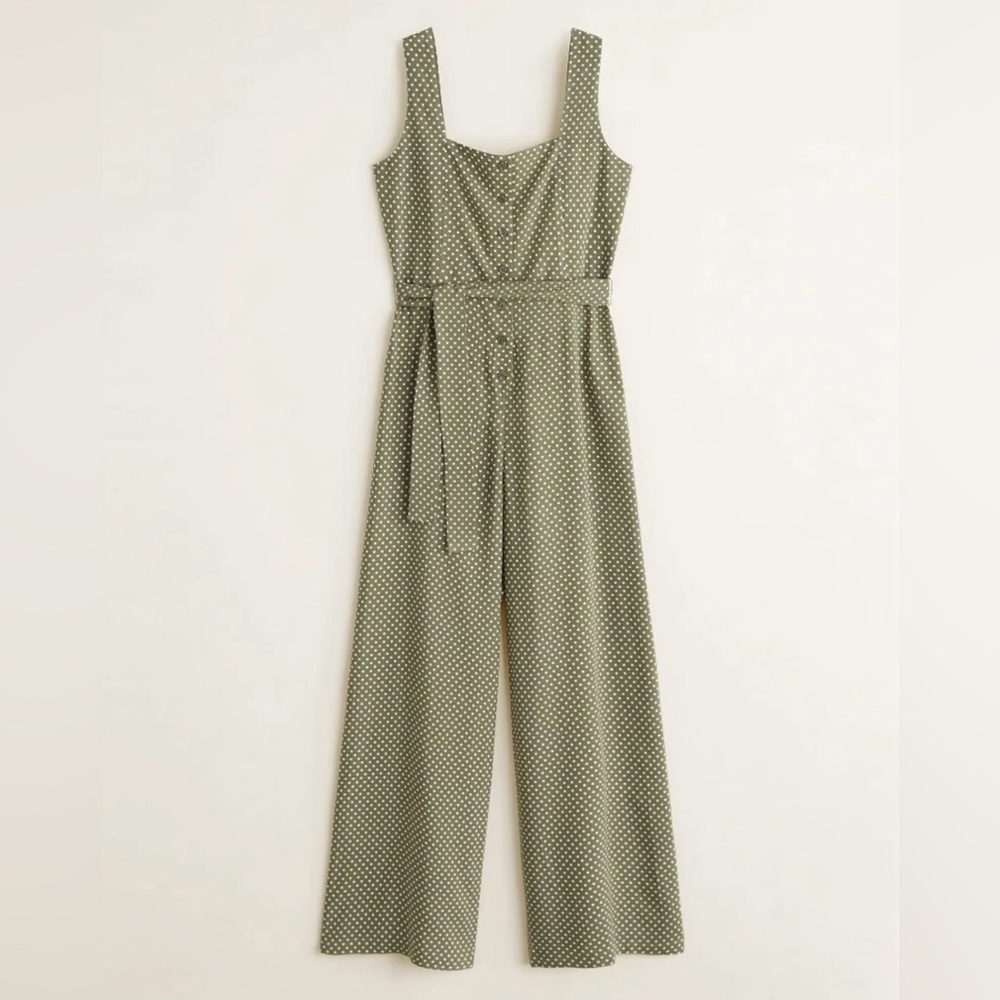 MANGO Prints Tie Waist Dot Print Olive Green Jumpsuit